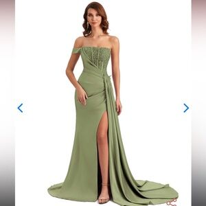 Shoulder Lace Side Slit Mermaid Silky Satin formal
